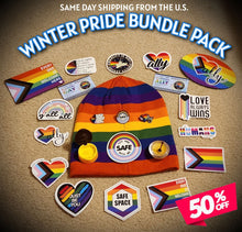 Load image into Gallery viewer, Winter Pride Bundle (Beanie, Stickers, Lapel Pins, Car Magnets, Lip Balm, ID Cards!)