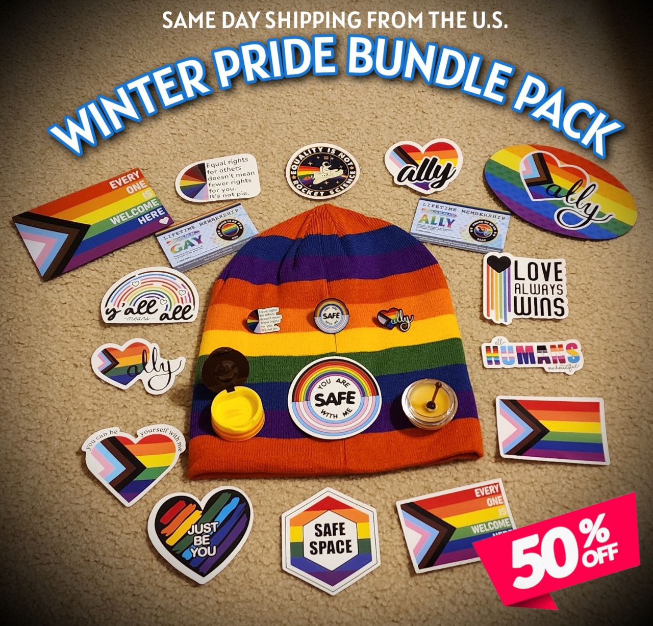 Winter Pride Bundle (Beanie, Stickers, Lapel Pins, Car Magnets, Lip Balm, ID Cards!)