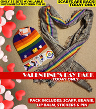 Load image into Gallery viewer, Valentine&#39;s Bundle Limited Supply! (Scarf, Beanie, Lip Balm, Pin and Stickers!)