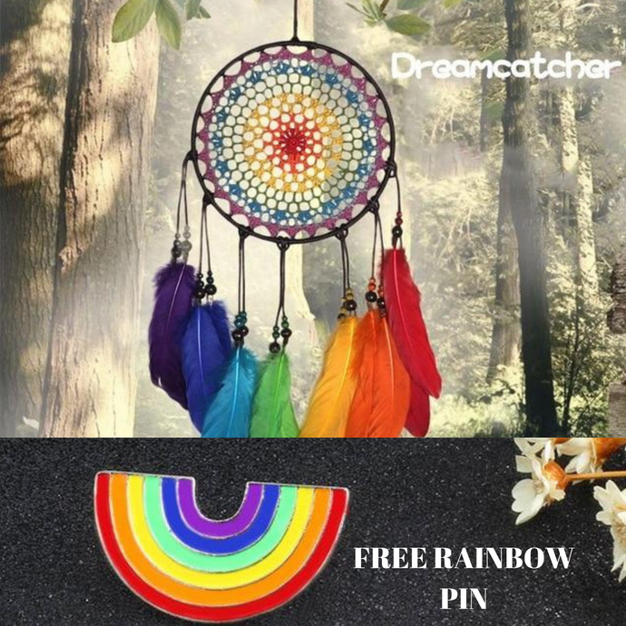 Special Deal Handmade Rainbow Feather Dream Catcher & Free Rainbow Pin