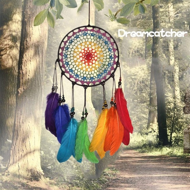 Special Deal Handmade Rainbow Feather Dream Catcher & Free Rainbow Pin