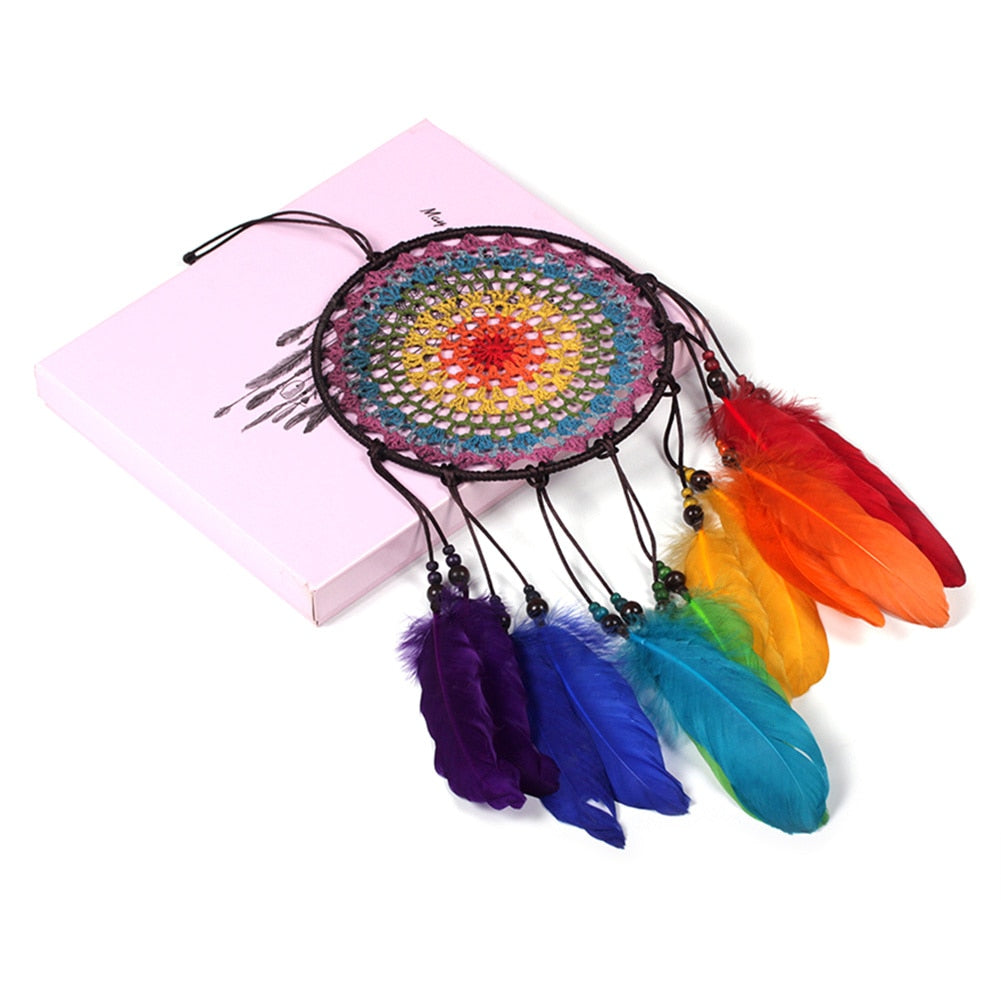 Special Deal Handmade Rainbow Feather Dream Catcher & Free Rainbow Pin